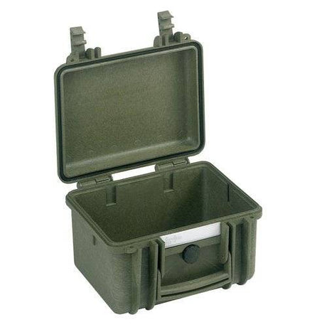 The Explorer 2717 is a green hard plastic waterproof case with an open hinged lid, an empty interior, and a front latch.