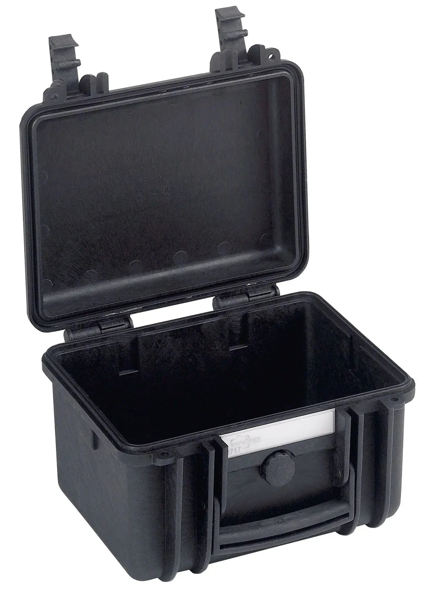 The Explorer 2717 is a compact black waterproof case made of hard plastic, featuring an open hinged lid, custom foam interior, and a secure latch closure.