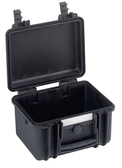 The Explorer 2717 is a compact black waterproof case made of hard plastic, featuring an open hinged lid, custom foam interior, and a secure latch closure.