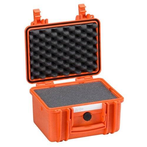 The Explorer 2717 is an orange hard plastic waterproof case with egg-crate foam in the lid, flat custom foam on the bottom, and a purge valve for pressure equalization.