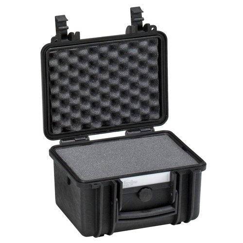 The Explorer 2717 is a small black waterproof case with an open hinged lid, custom foam interior for protection, secure top-edge clasps, and durable construction.
