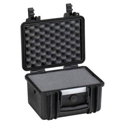 The Explorer 2717 is a small black waterproof case with an open hinged lid, custom foam interior for protection, secure top-edge clasps, and durable construction.