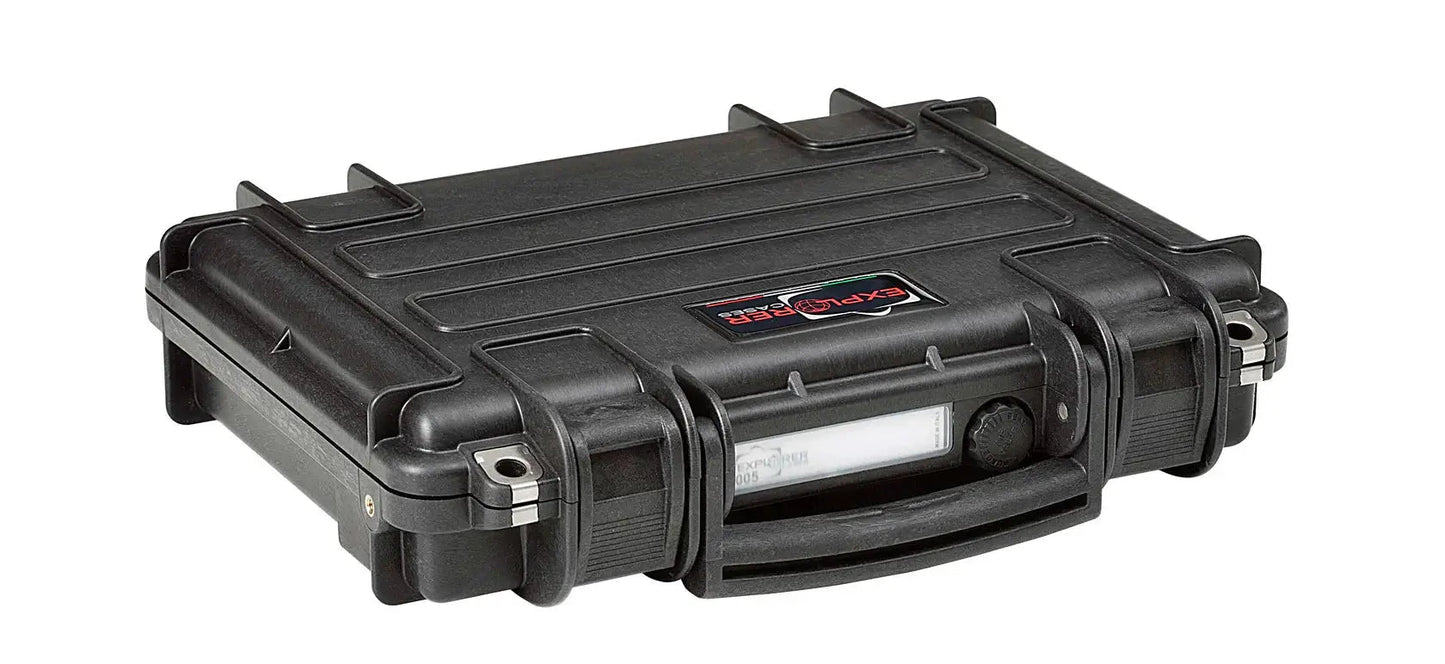 The Explorer 3005 is a black, hard-shell, corrosion-proof case with a handle, latches, a top label, and watertight protection, shown on a white background.