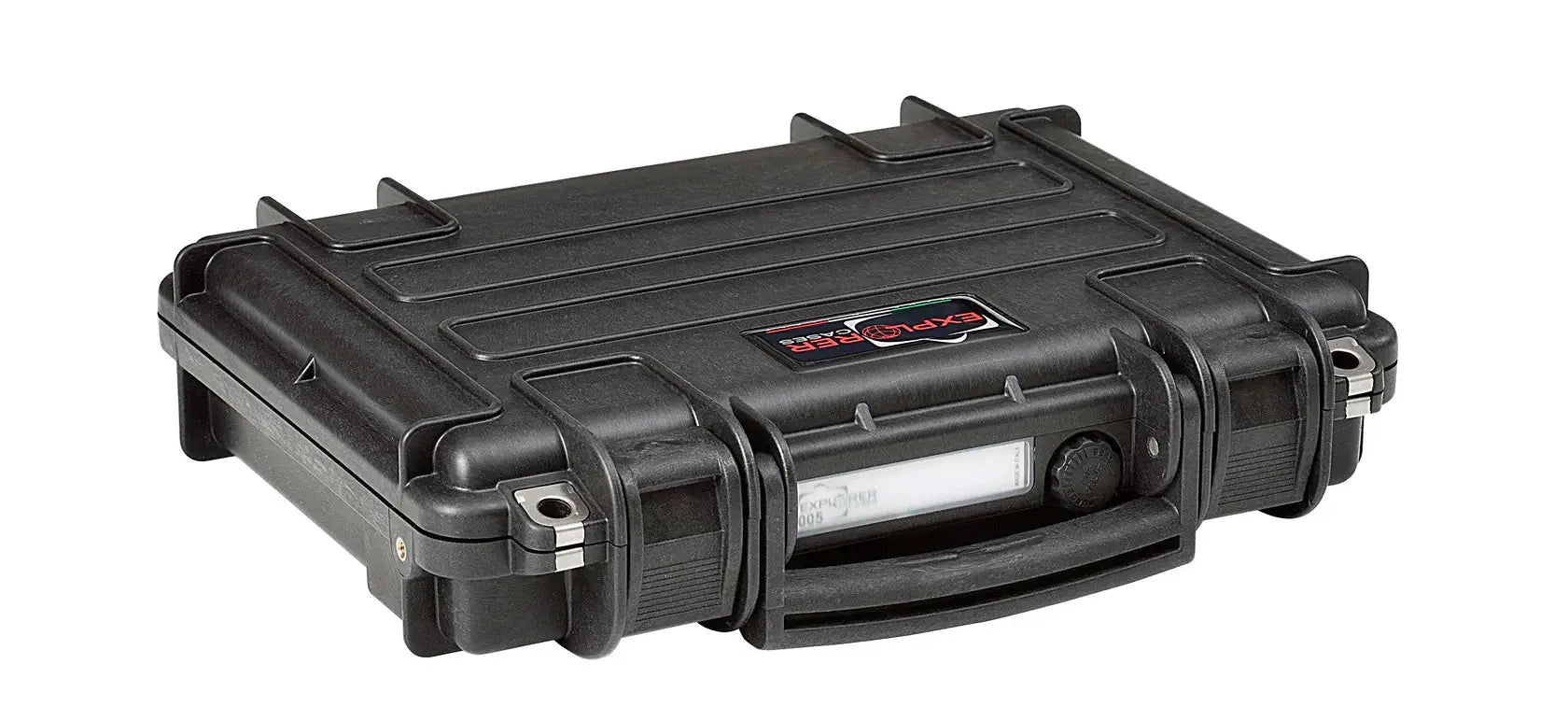The Explorer 3005 is a black, hard-shell, corrosion-proof case with a handle, latches, a top label, and watertight protection, shown on a white background.