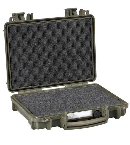 The Explorer 3005 is a green hard-shell protective case with an open lid, foam padding inside, a front carrying handle, and watertight protection for secure storage.