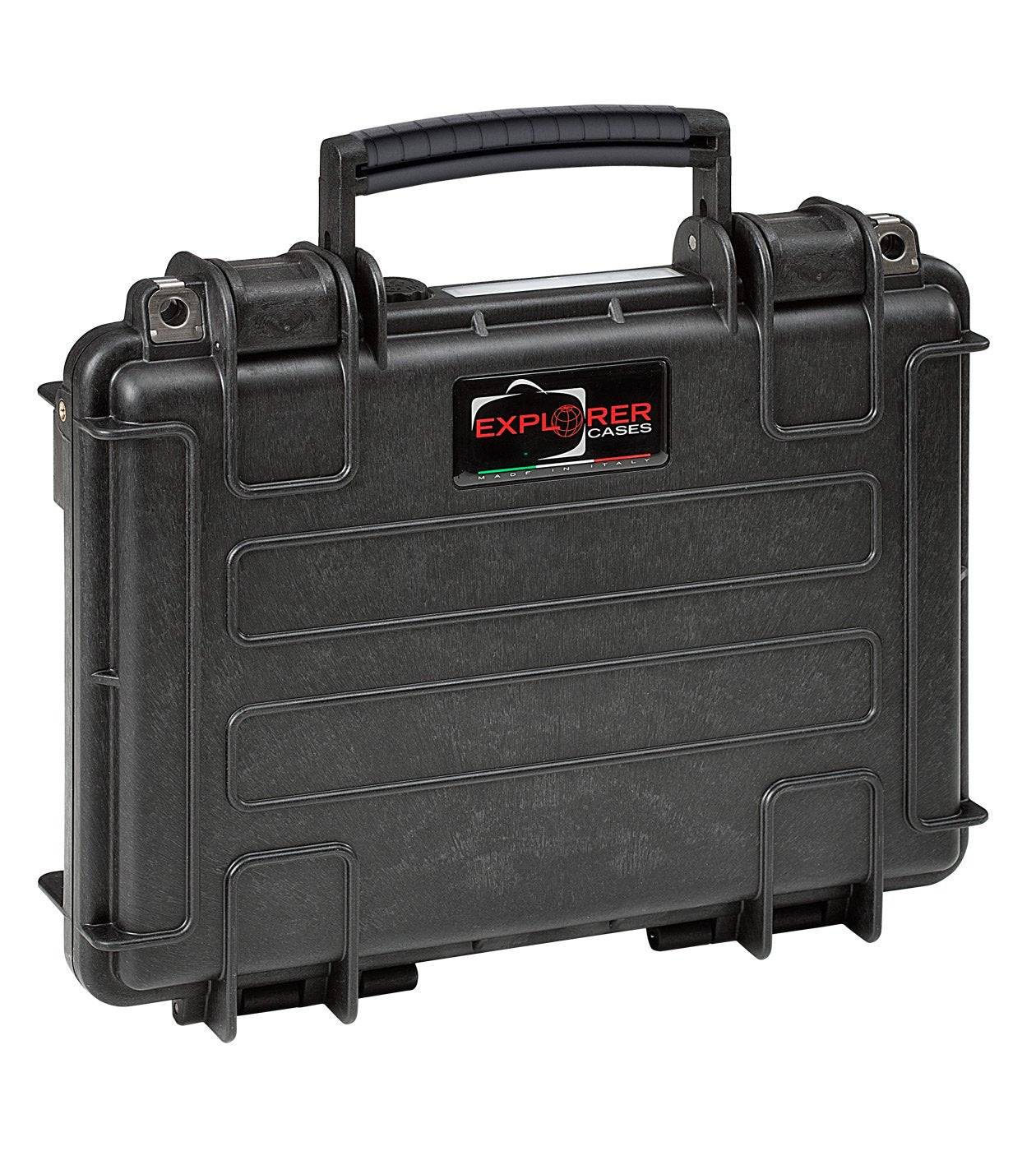 The Explorer 3005 is a black hard-shell carrying case with a handle and two latches, designed for protective storage and transport. It offers watertight, corrosion-proof protection and includes a manual pressure release valve.