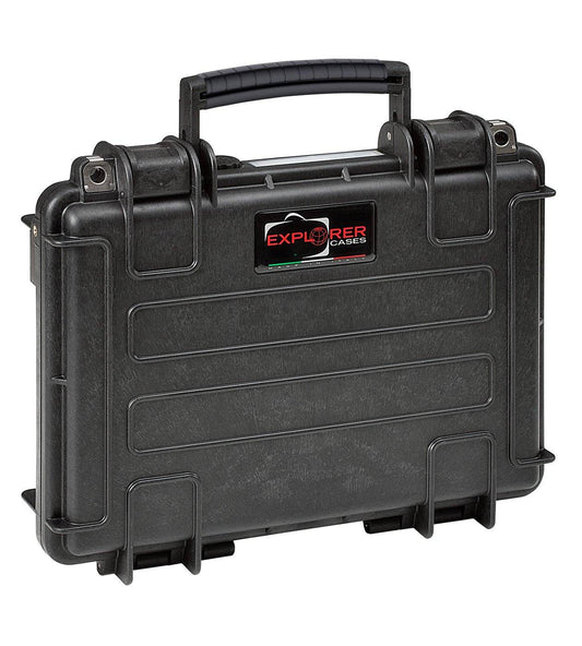 The Explorer 3005 is a black hard-shell carrying case with a handle and two latches, designed for protective storage and transport. It offers watertight, corrosion-proof protection and includes a manual pressure release valve.