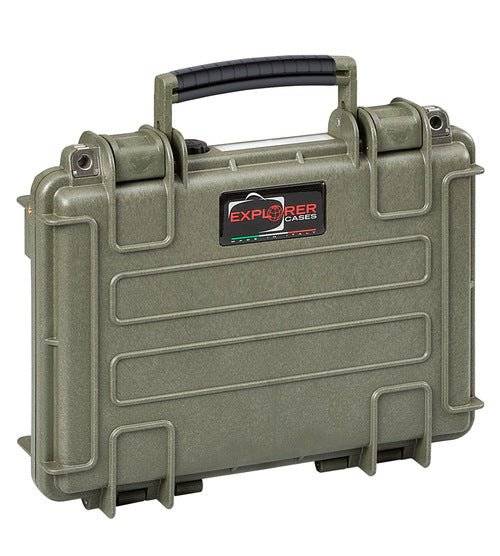 The Explorer 3005 is a green hard plastic case with a black handle, reinforced corners, secure latches, and a manual pressure release valve—providing watertight protection for safe storage and transport.