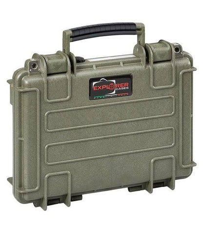 The Explorer 3005 is a green hard plastic case with a black handle, reinforced corners, secure latches, and a manual pressure release valve—providing watertight protection for safe storage and transport.