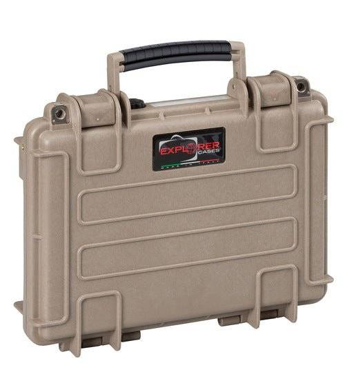 The Explorer 3005 is a beige hard-shell protective carrying case with a black handle, secure latches, and watertight protection, labeled "Explorer Cases" on the front.