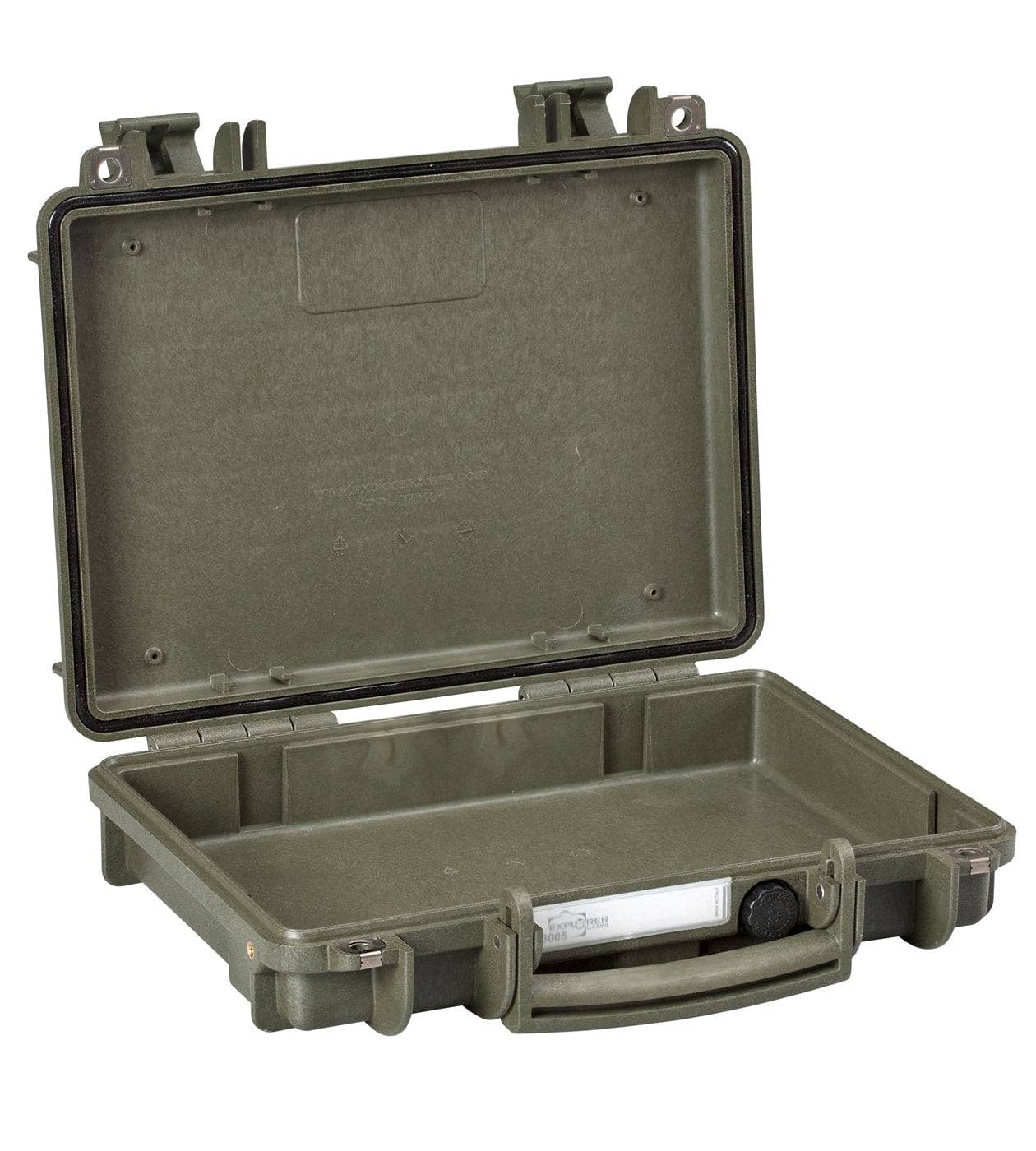 The Explorer 3005 is an olive green, hard plastic protective case with a foamless interior, handle, locking latches, and manual pressure release valve for watertight protection and secure storage.