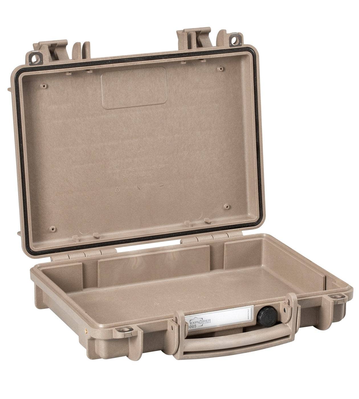 The Explorer 3005 is a tan hard plastic protective case with a handle, shown open and empty, featuring secure latches, watertight protection, and an interior label slot.