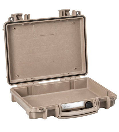 The Explorer 3005 is a tan hard plastic protective case with a handle, shown open and empty, featuring secure latches, watertight protection, and an interior label slot.