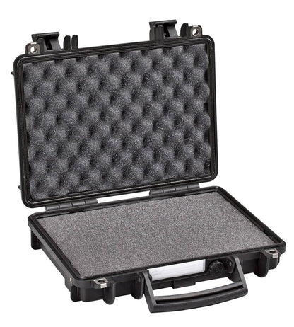 The Explorer 3005 is a black hard-shell carrying case with egg-crate foam padding inside, shown open for a view of its protective interior and watertight gear protection.