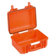 The Explorer 3317 is an open, empty orange hard plastic waterproof case featuring a handle, secure latch closures, and a pressure release valve.