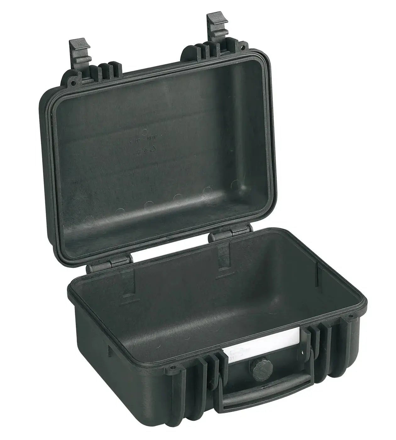 The Explorer 3317 is a black hard plastic waterproof case with an open lid, empty interior, handle, secure latches, and a pressure release valve for extra protection.