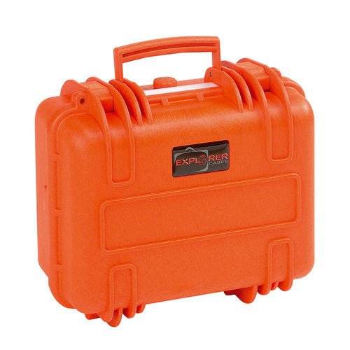 A bright orange waterproof Explorer 3317 case with a handle, secure latches, pressure release valve, and EXPLORER CASES label on the front.