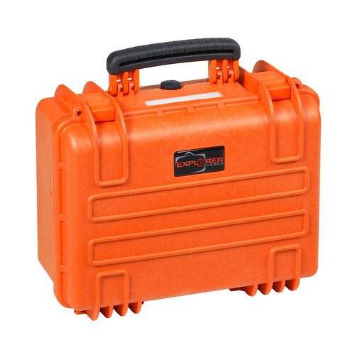 The Explorer 3818 is a bright orange hard-shell waterproof case with a black handle, secure latches, protective foam interior, and "Explorer" labeled on the front.