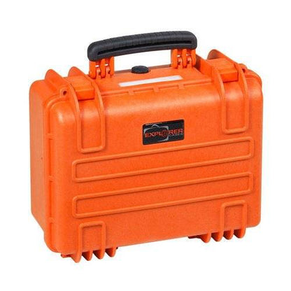 The Explorer 3818 is a bright orange hard-shell waterproof case with a black handle, secure latches, protective foam interior, and "Explorer" labeled on the front.