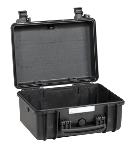 The Explorer 3818 is a black hard plastic waterproof case with an open hinged lid, secure latches, and an empty foam interior.