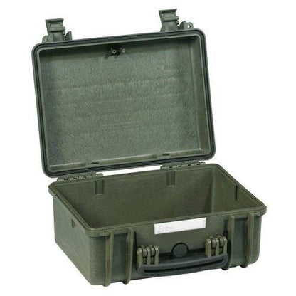 The Explorer 3818 is a corrosion-proof, hard plastic case in olive green with a hinged lid opened to reveal an empty interior and secure front latches.