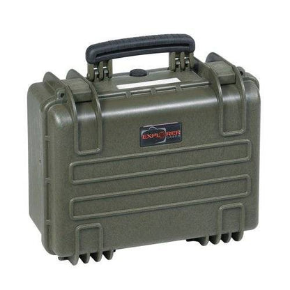 A green Explorer 3818 hard-shell waterproof case with a black handle, secure latches, and foam interior, labeled Explorer Cases on the front.