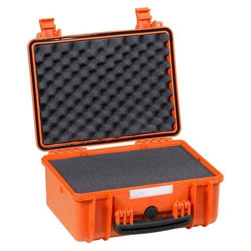 The Explorer 3818 is an open orange waterproof case with a foam interior for extra protection, featuring a black handle and front latch closures.