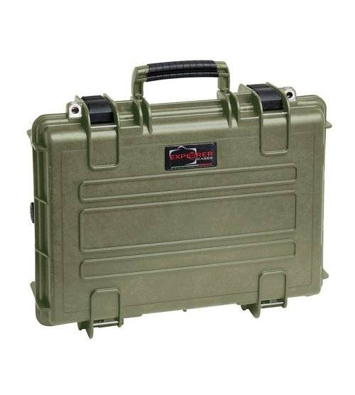 The Explorer 4209HL is a sturdy green waterproof case featuring corrosion-proof hinges, a handle, black latches, a manual pressure release valve, and the Explorer Cases logo on the front.