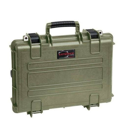 The Explorer 4209HL is a sturdy green waterproof case featuring corrosion-proof hinges, a handle, black latches, a manual pressure release valve, and the Explorer Cases logo on the front.