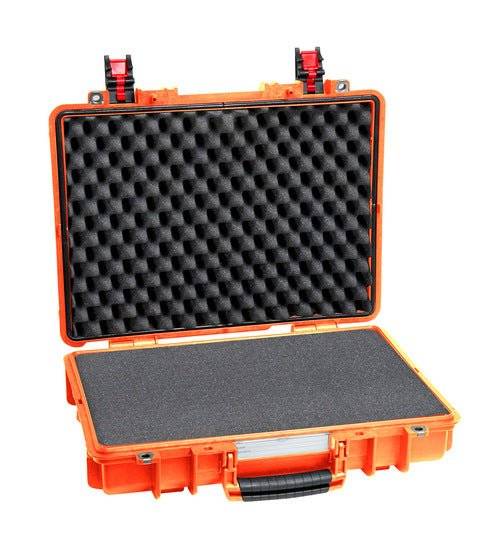 The Explorer 4209HL is an open orange hard plastic waterproof case with black foam padding in the lid and base, corrosion-proof hinges, and two black and red latches at the top.