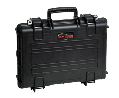 The Explorer 4209HL is a black hard plastic waterproof case with a handle, latches, corrosion-proof hinges, and a manual pressure release valve. "Explorer Cases" is labeled on the front.