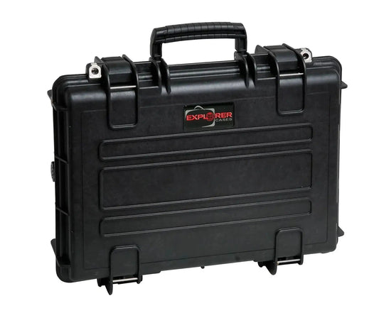 The Explorer 4209HL is a black hard plastic waterproof case with a handle, latches, corrosion-proof hinges, and a manual pressure release valve. "Explorer Cases" is labeled on the front.