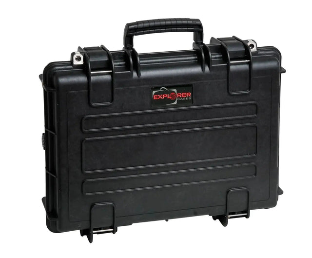 The Explorer 4209HL is a black hard plastic waterproof case with a handle, latches, corrosion-proof hinges, and a manual pressure release valve. "Explorer Cases" is labeled on the front.