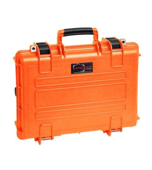 The Explorer 4209HL is a bright orange hard plastic waterproof case featuring a black handle, secure clasps, corrosion-proof hinges, and stands sturdy on its hinges.