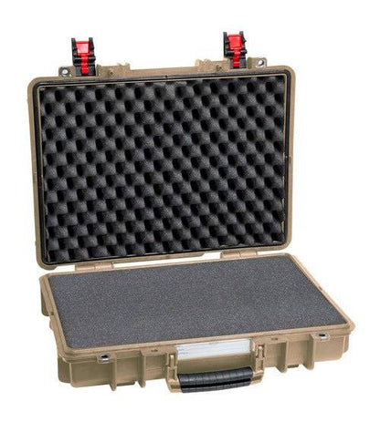 The Explorer 4209HL, a hard plastic waterproof case with corrosion-proof hinges, is open to reveal black egg crate foam in the lid and flat foam in the base for secure protection.
