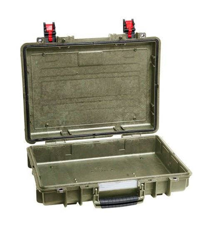 The Explorer 4209HL is an open, empty olive green hard plastic carrying case with a black handle, manual pressure release valve, corrosion-proof hinges, and two red latches, shown against a white background.