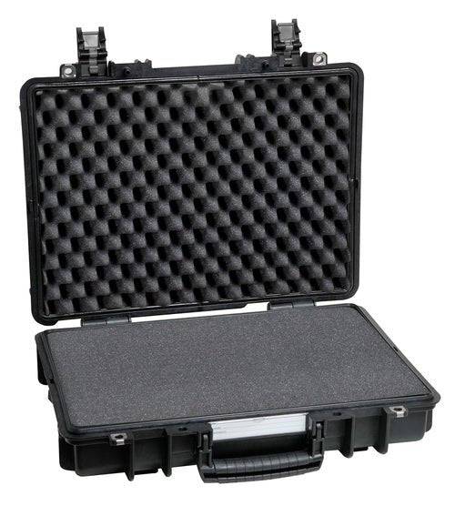 The Explorer 4209HL is a black hard plastic carrying case with corrosion-proof hinges, foam padding, a manual pressure release valve, raised clasps, and an empty interior, shown open.