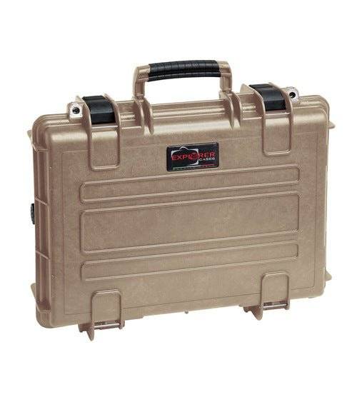 The Explorer 4209HL is a beige hard-shell protective carrying case with a black handle, corrosion-proof hinges, and secure latches, shown closed and upright.