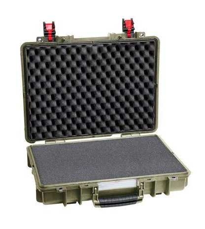 The Explorer 4209HL is an open waterproof case with foam padding, corrosion-proof hinges, a handle, and two red latch locks on the top edge.