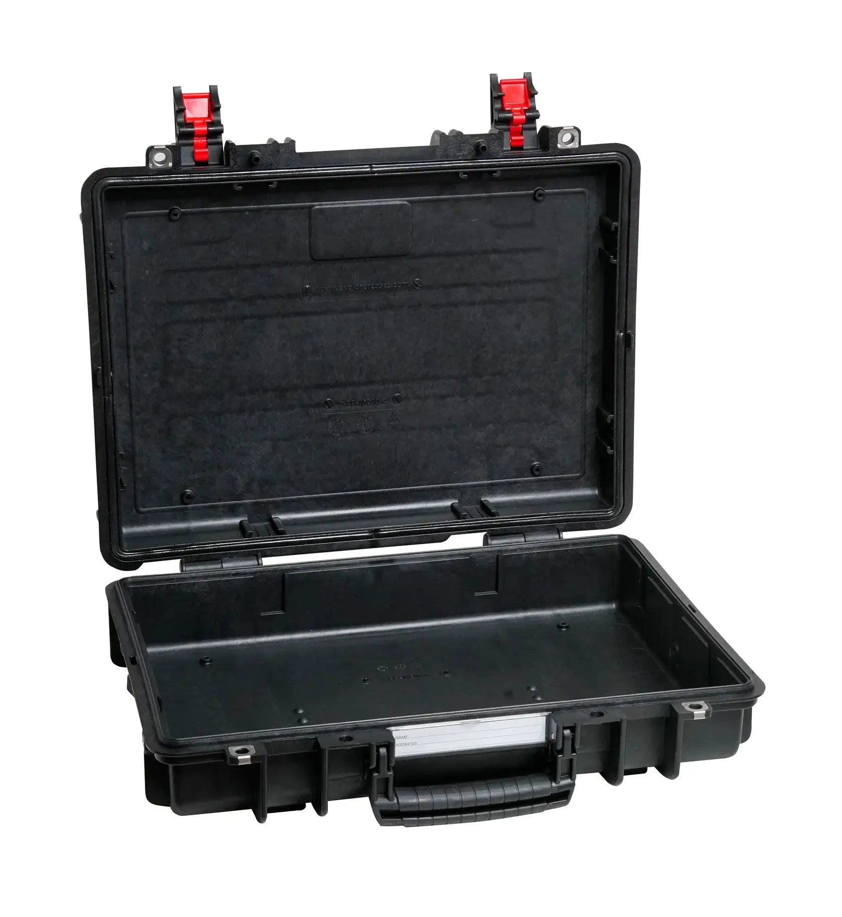 The Explorer 4209HL is a black hard-shell waterproof case featuring an open lid, two red latches, corrosion-proof hinges, and an empty foam-lined interior.