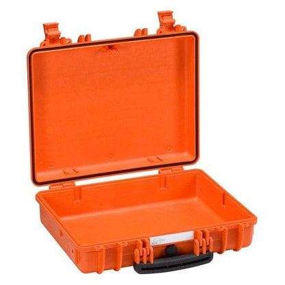 Explorer 4412: An open, empty orange hard plastic carrying case with a black handle, hinged lid, and jam-free latches for easy access.