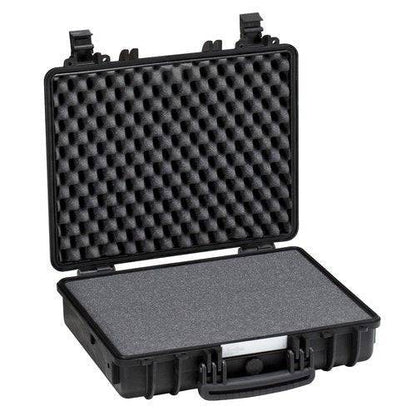 The Explorer 4412 is a black hard-shell waterproof case with an open lid, featuring egg-crate foam on top, flat foam on the bottom, jam-free latches, and a pressure release valve for secure storage.