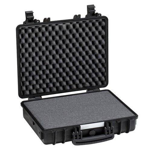 The Explorer 4412 is a black hard-shell waterproof case with an open lid, featuring egg-crate foam on top, flat foam on the bottom, jam-free latches, and a pressure release valve for secure storage.