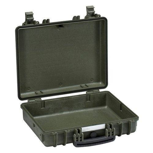 The Explorer 4412 is an open, empty, green hard plastic waterproof case with jam-free latches and a black handle, displayed against a white background.