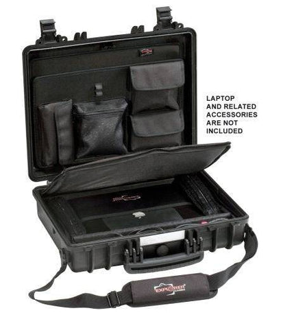 The Explorer 4412 Laptop Bag is a black hard-shell waterproof case with custom foam interior and padded compartments; note that laptop and accessories are not included.