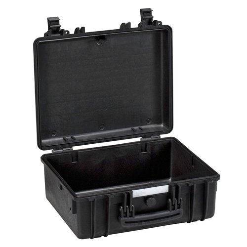 The Explorer 4419 is a black hard plastic waterproof case with an open lid, empty interior, handle, corrosion-proof hinges, and secure latches.