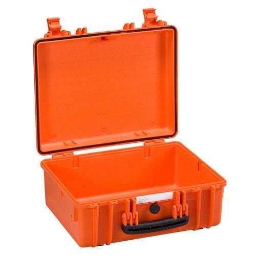 The Explorer 4419, an open and empty orange hard case with a handle, latches, and corrosion-proof hinges, is displayed against a plain white background.