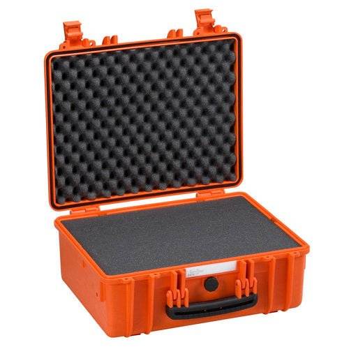 The Explorer 4419 is an open orange waterproof case featuring a foam interior and corrosion-proof hinges, ideal for safely storing and transporting sensitive equipment.
