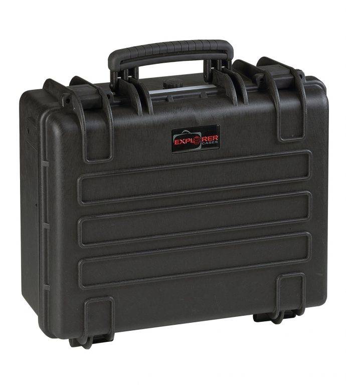 The Explorer 4419 is a black hard-shell carrying case with handle and latches, labeled Explorer Cases. It features corrosion-proof hinges, foam interior, and offers reliable waterproof protection for valuables.