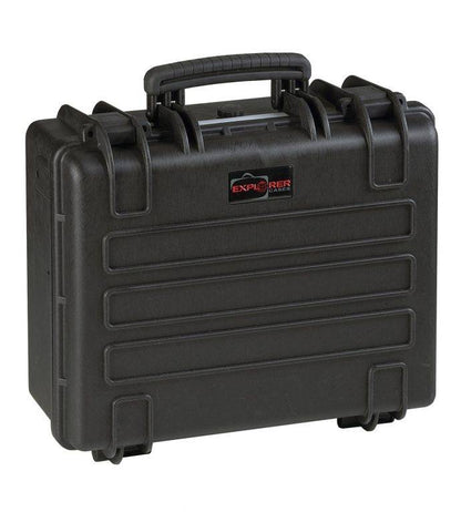 The Explorer 4419 is a black hard-shell carrying case with handle and latches, labeled Explorer Cases. It features corrosion-proof hinges, foam interior, and offers reliable waterproof protection for valuables.